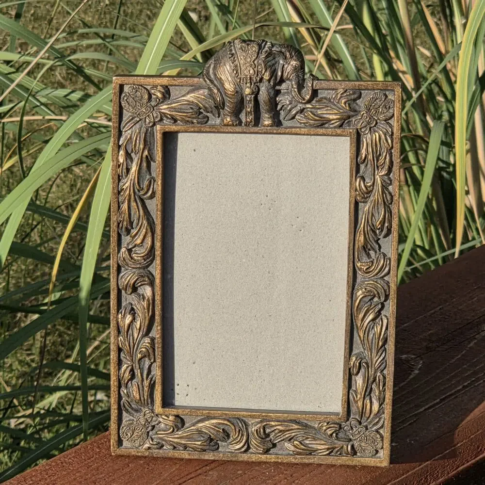 Ornate Elephant Picture Frame Bronze Gold Floral Indian Boho Tabletop Decor